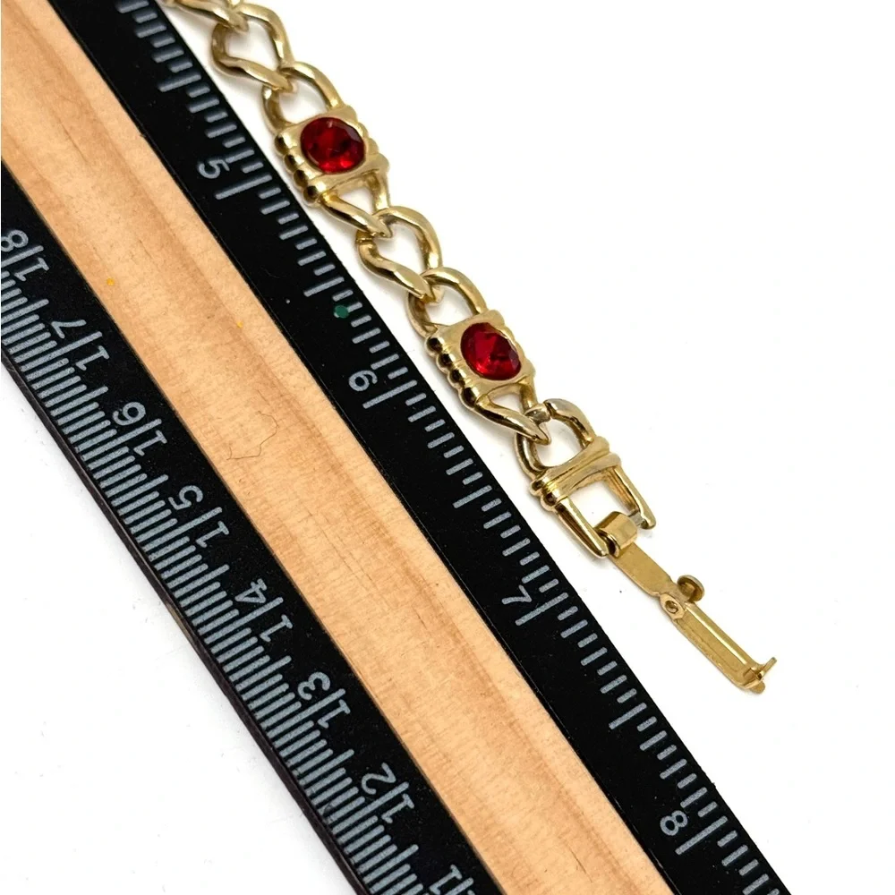 Vintage Goldtone Link Bracelet with Red Rhinestones